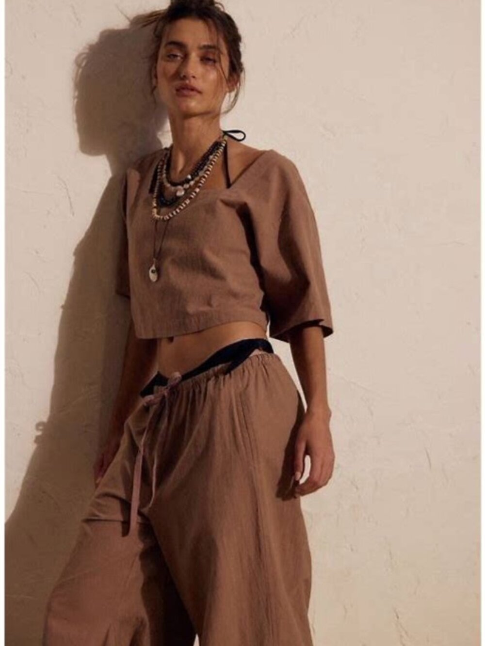 Free People Beach Bold Pant Set Truffle Brown Cotton Poplin NWT Size Small